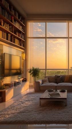 A living room interior is illuminated by warm sunlight streaming through a large window. A comfortable couch, a low table, and a bookshelf contribute to the inviting atmosphere. The scene features soft textures, natural light, and a sense of tranquility, suitable for various editorial and commercial applications.の素材