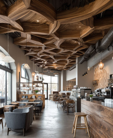 This image presents a modern cafe interior featuring a distinctive wooden ceiling and a blend of architectural elements. The scene showcases a combination of natural wood tones, neutral walls, and a variety of seating arrangements. This design could be suitable for use in architectural, design, or lifestyle publications and commercial projects.の素材