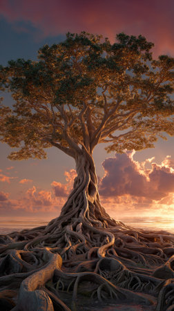 An impressive tree stands prominently with its roots exposed, set against a stunning sunset. The warm colors of the sky and the tree's foliage create a captivating visual. This image, with its rich textures and dramatic lighting, could be used for various design projects and editorial content.の素材