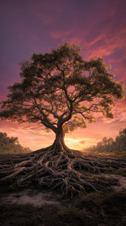 A large tree with sprawling, visible roots dominates the foreground. The image presents a rich color palette, with a sunset painting the sky in hues of orange, purple, and red. The style suggests a digital illustration with artistic rendering of nature, suitable for various editorial and promotional purposes.の素材