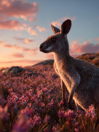 A kangaroo stands among vibrant purple wildflowers under a warm, glowing sky at dusk. The image features soft lighting and a shallow depth of field, emphasizing the animal's silhouette. The scene suggests a natural, outdoor environment suitable for various nature-themed projects, and commercial use.の素材