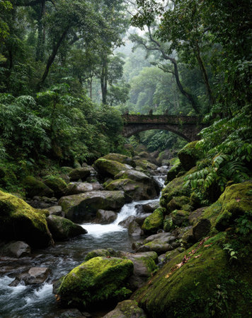 A tranquil image showcasing a river winding through a dense forest. The scene is dominated by shades of green, with moss-covered rocks and foliage. A stone bridge spans the river, enhancing the composition. The atmospheric lighting creates depth and evokes a sense of peace, suitable for various editorial and commercial applications.の素材