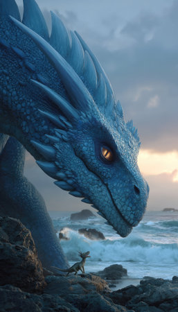A close-up of a blue dragon with piercing yellow eyes observes a small creature near the coast. The image presents a fantasy theme with detailed scales and textures, set against a backdrop of a cloudy sky and ocean. This artwork is suitable for use in promotional materials or creative projects.の素材