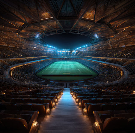 This image depicts the interior of a modern stadium, showcasing the playing field and seating areas. The scene is illuminated by artificial lighting, creating a dramatic atmosphere. The composition emphasizes perspective, suggesting an inviting space for events. Suitable for commercial projects or editorial content relating to sports or entertainment.の素材