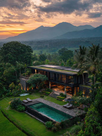 An aerial view presents a modern villa with a swimming pool, surrounded by dense greenery and trees. The architectural design features clean lines and large windows. The scene is bathed in warm light from the sunset or sunrise, highlighting a serene and inviting atmosphere, suitable for luxury lifestyle imagery or travel content.の素材
