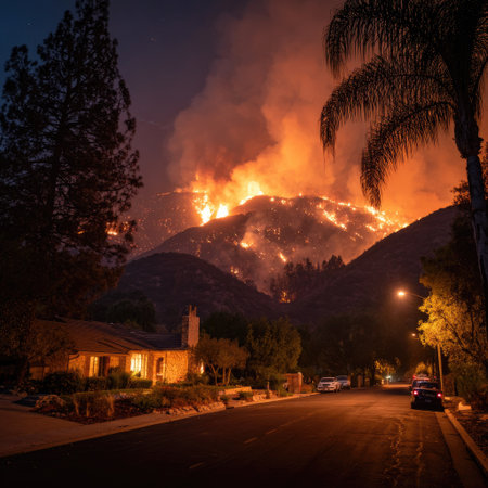 A nighttime scene reveals a burning hillside, the flames casting an orange glow against the darkened sky. The composition includes a quiet residential street, buildings, and silhouettes of trees. The overall mood is dramatic, depicting an environmental event that could be used for various editorial purposes.の素材