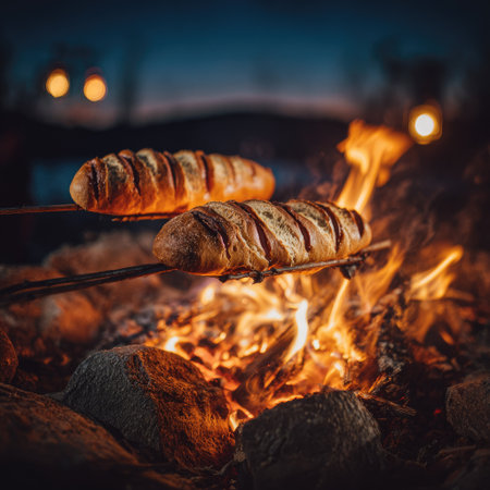 Two loaves of bread are held over a roaring campfire, their surfaces browning in the heat. The scene is bathed in warm light from the flames and embers, with a blurred background suggesting a night setting. This image is suitable for use in culinary, travel, or outdoor-themed projects.の素材