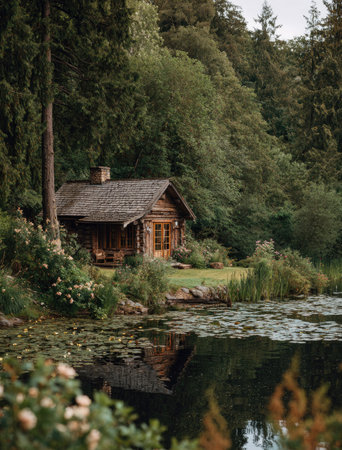 A wooden cabin stands beside a reflective lake, surrounded by dense greenery and trees. The scene is bathed in natural light, with a mix of textures from the water, foliage, and building. Ideal for editorial use, this image could also be used for creative or promotional materials.の素材