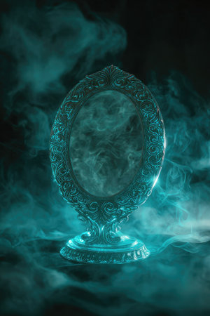 An antique mirror stands centered, showcasing elaborate ornamental detailing. The object is enveloped in swirling blue-green smoke, which creates a mystical atmosphere. The scene features dark lighting and a dramatic composition. This image could be used for various purposes, including editorial content and artistic designs.の素材