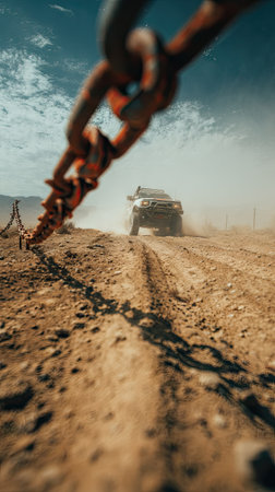 An off-road vehicle navigates a dusty dirt track, captured with a low-angle perspective. The scene features warm, earthy tones with a dramatic sky. A large chain is prominently featured in the foreground. This image is suitable for various commercial uses, including advertising and editorial content.の素材
