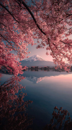 Pink cherry blossoms gracefully frame a snow-capped mountain mirrored in serene water. The composition employs a soft, diffused lighting and a natural color palette. This photograph could be utilized in travel articles, educational resources, and decorative art applications, offering a tranquil visual experience.の素材