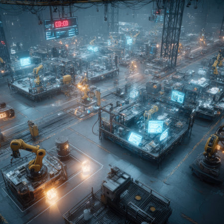 An overhead view reveals a futuristic factory floor, filled with numerous automated machines. The scene exhibits a cool color palette with prominent blues and whites, and illuminated screens. The composition uses symmetrical arrangement and features a high level of detail. This image could be suitable for illustrating technology, industry, or advanced manufacturing concepts.の素材