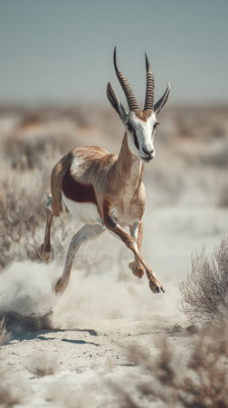 A springbok antelope is captured in mid-leap against a blurred, arid environment. The animal, featuring distinctive brown and white markings, is dynamically posed. The image presents a neutral color palette with a dusty atmosphere and soft lighting, suitable for a range of editorial or commercial projects.の素材
