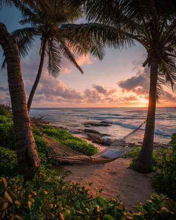 A hammock hangs between palm trees on a sandy beach. The image showcases the ocean under a sunset sky with warm colors. Lush greenery surrounds the shoreline. This serene scene could be used for travel, relaxation, or lifestyle-related content.の素材