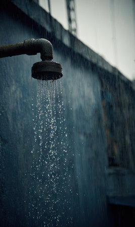 An outdoor scene captures a shower head releasing streams of water, creating an illusion of rain. The composition features a textured, muted color palette, possibly indicating an overcast sky. This visual can be applied to various projects requiring themes of water, weather, and nature, including editorial and commercial uses.の素材