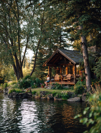 An inviting wooden cabin is situated near a calm body of water, encircled by vibrant green trees. The composition utilizes natural lighting, highlighting the wooden texture and the surrounding vegetation. This scene depicts a peaceful setting, suitable for various editorial and commercial purposes.の素材