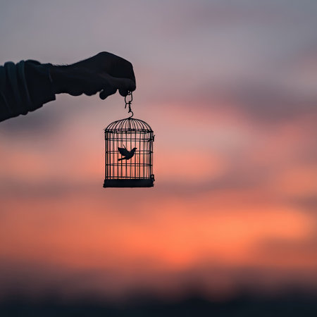 A hand holds a birdcage with a bird silhouette inside, set against a vibrant sunset. The image displays a silhouette against warm orange and purple hues of the sky. This photograph captures a sense of freedom or confinement, potentially suited for various commercial or editorial applications.の素材