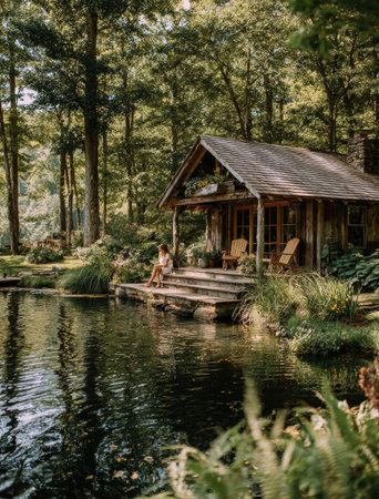 A cabin sits beside a calm lake, its wooden facade blending with the surrounding dense forest. The scene is illuminated by soft, natural light, creating a peaceful atmosphere. The composition includes reflections on the water's surface, and the presence of greenery. This image is suitable for various commercial uses, including travel and lifestyle content.の素材