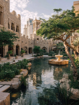 An outdoor scene showcases stone architecture, a water feature, and lush greenery. The composition features a symmetrical layout with the water element as the central point. The image has a natural lighting effect, suggesting daytime. Potential uses include editorial illustrations or stock photography.の素材