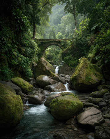 A stone bridge spans a flowing river in a dense, green forest setting. Boulders covered in moss line the riverbanks. The scene features natural light, with various shades of green and brown dominating the landscape. Suitable for use in a variety of visual projects, this image conveys serenity.の素材