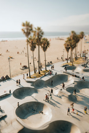 The image captures skateboarders in action within a modern skate park, bathed in sunlight. Palm trees and a sandy beach form a scenic backdrop. The composition highlights geometric shapes and textures, with shadows adding depth. This scene may be suitable for illustrating leisure, urban culture, or recreational activities.の素材