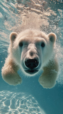 A polar bear swims towards the viewer underwater. The image showcases the bear's white fur against the blue water. The composition is centered, with sunlight creating visual effects. Suitable for use in nature, wildlife, or environmental themed articles and promotional materials.の素材