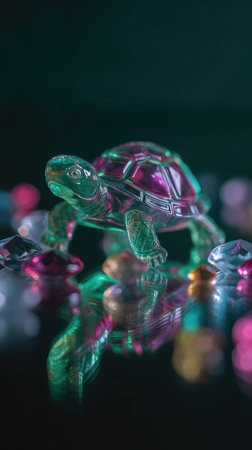 A close-up showcases a clear turtle figurine atop a reflective surface, surrounded by multicolored, blurry shapes. The image presents vibrant pinks, greens, and blues in a dark environment. This photograph could be useful for projects involving artistic compositions, decorative elements, or abstract designs.の素材