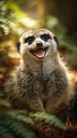 A meerkat with a wide smile is the central focus, framed by blurred green foliage. The close-up showcases textured fur and detailed facial features under warm sunlight. This image evokes feelings of joy and could be suitable for various advertising campaigns or editorial content, emphasizing nature and wildlife.の素材
