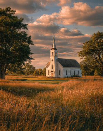 A quaint white church stands gracefully in a sunlit field, its silhouette defined against a backdrop of dramatic, cloud-filled sky. The composition emphasizes natural beauty, with golden grasses and verdant trees framing the building. This image lends itself to uses in editorial features, promoting themes of peace and spirituality.の素材