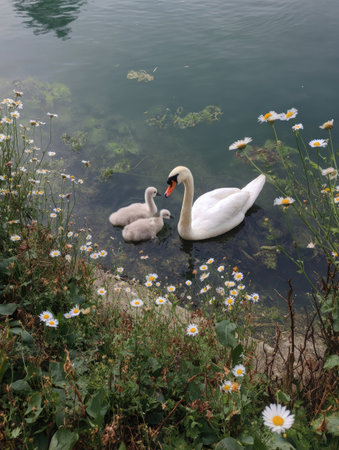 A white swan gracefully swims with its two cygnets in a tranquil body of water. The scene presents a soft color palette with visible daisies, aquatic plants, and natural light. It might be used to portray wildlife, nature, or environmental themes in various commercial and editorial contexts.の素材