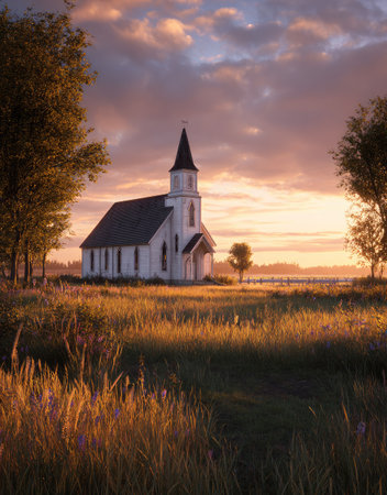 A picturesque church stands in a field of golden grass, bathed in the warm light of a setting sun. The composition showcases a tranquil scene with a clear sky and distant trees. The visual style is idyllic, suggesting a serene environment suitable for various editorial and commercial applications.の素材