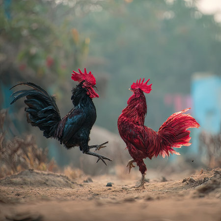 Two roosters with striking red combs and vibrant plumage are captured in a dynamic pose. One rooster displays a black and blue color scheme, the other a deep red. Soft focus and shallow depth of field create a blurred backdrop. This image could be used for various commercial or editorial purposes.の素材