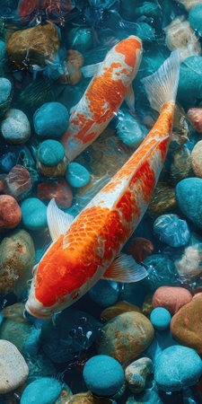 Two vibrant koi fish with orange and white patterns swim amongst various colored rocks in clear water. The underwater scene, with diverse stone textures, creates a serene atmosphere. Suitable for use in visual projects, offering a natural and colorful visual element for various applications.の素材