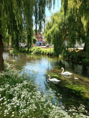 Two swans glide peacefully across a calm river under the shade of lush green willow trees. White wildflowers dot the foreground, complementing the natural tones. The composition includes vibrant sunlight and a small glimpse of a building in the background. Suitable for illustrative or editorial purposes.の素材