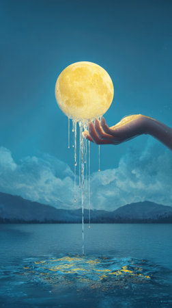 An image depicts a hand gracefully holding a luminous, melting moon. The scene is set against a serene backdrop of a lake and distant mountains, under a twilight sky. The composition utilizes a blend of soft colors and subtle textures. Suitable for various creative projects, including editorial features and artistic compositions.の素材