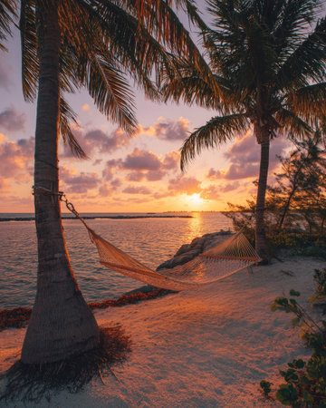 A hammock hangs between two palm trees on a sandy beach during sunset. The image displays a gradient of colors from warm orange and pink hues to the blue tones of the sea. The composition highlights the water, sky, and trees suggesting a relaxing vacation setting. The image is suitable for various commercial or editorial uses.の素材
