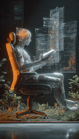 A translucent figure sits in a chair, reading with glowing technological displays around. The image showcases a digital presence interacting with data streams. Soft orange lighting contrasts with the overall dark, futuristic environment, creating a sense of wonder. Suitable for illustrating innovation or technology concepts.の素材