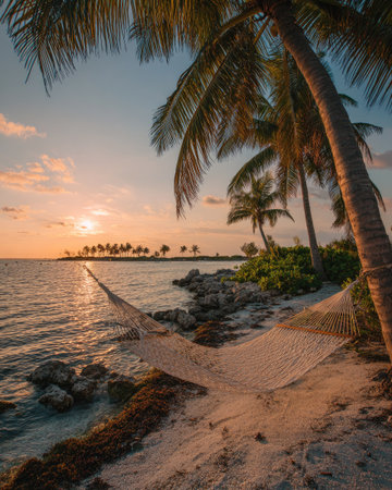 A relaxed hammock hangs beneath tall palm trees on a sandy beach. The image captures a serene sunset, with warm sunlight illuminating the scene. The composition includes the ocean, rocks, and lush vegetation. This image could be used for travel, relaxation, or lifestyle content.の素材
