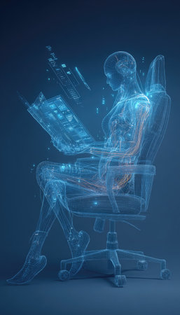 A translucent human figure is depicted seated in an office chair, engrossed in a digital interface. The image features a cool color palette with predominantly blue tones and glowing visual elements. The composition suggests a technological environment, potentially suitable for applications in science or design.の素材