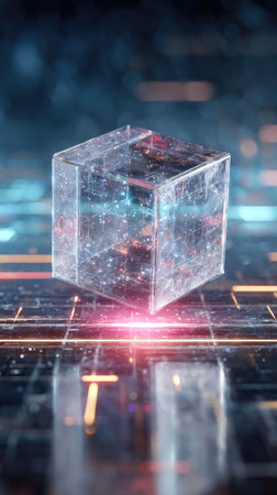 A translucent cube hovers above a glowing surface, showcasing a network of interconnected lines and data streams. The image features a cool color palette with accents of pink and gold, creating a dynamic composition. The scene suggests a technological or digital environment, suitable for various design and advertising projects.の素材