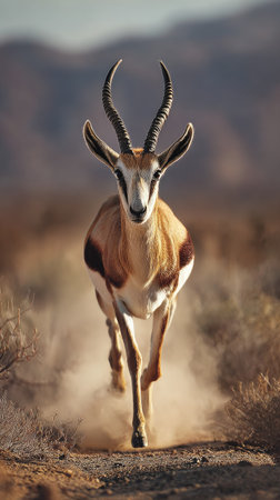An antelope sprints across a dry, dusty landscape. The image features a springbok with distinctive horns and markings. Warm tones and natural lighting characterize the scene, capturing movement and the animal's interaction with its environment. Suitable for wildlife publications and commercial projects.の素材
