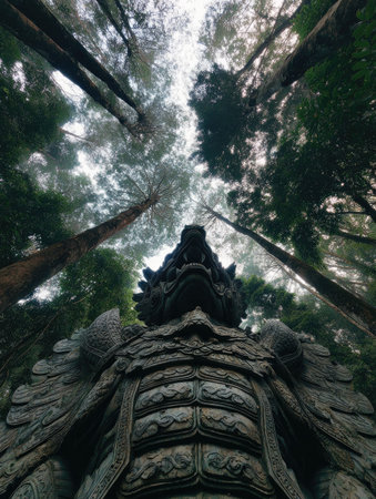 A stone dragon statue is the focal point, captured from a low angle, looking upward towards a canopy of tall trees. The statue displays intricate carvings and a textured surface. The scene is dominated by green tones and natural light, suggesting an outdoor environment. Suitable for editorial and commercial use.の素材