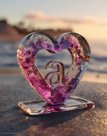 A close-up photograph showcases a heart-shaped sculpture containing the letter "A". The translucent object features a vibrant purple hue and sits on a reflective surface. The image is taken outdoors, lit by warm, soft sunlight, suggestive of dawn or dusk. This artwork could be used for various design projects or visual content.の素材