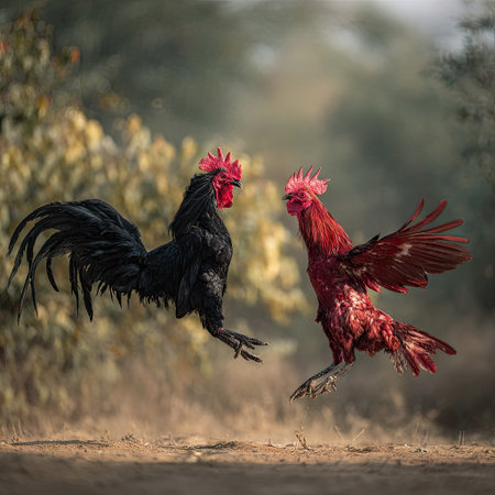 Two roosters are captured mid-air, with spread wings and vibrant plumage. One rooster exhibits a black body with a red comb, while the other features a red body and comb. The image is composed with a shallow depth of field, set against a blurred background. Suitable for various editorial and commercial applications.の素材