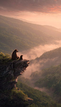 Two bears sit atop a rocky peak, observing a vast, verdant mountain range. The image features soft lighting and warm color tones suggesting sunset or sunrise. The composition is a vertical view with copy space and could be suited for editorial content or design projects promoting nature.の素材