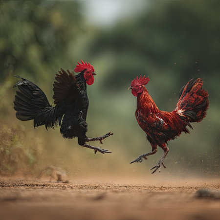 Two roosters are captured in mid-air, possibly engaged in a dynamic display. One rooster features striking black plumage, while the other showcases vibrant red tones. The image highlights the texture of feathers and the composition suggests a natural environment, potentially suitable for editorial content or creative projects.の素材
