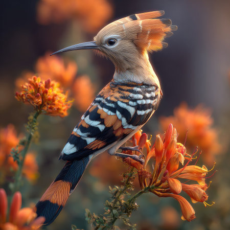 A detailed image displays a bird with striking orange and black patterns, perched amongst orange flowers. The birdの素材