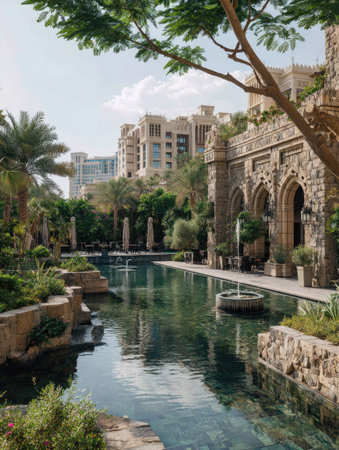 A serene pool reflects the sky, flanked by ornate stone structures and vibrant green foliage. The composition showcases architectural details with a soft, diffused light creating a pleasant atmosphere. This image is suitable for various commercial uses, including travel promotions and design projects.の素材
