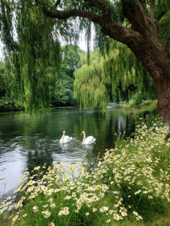 Two swans float gracefully upon a reflective body of water, their white forms contrasting with the surrounding green foliage. The scene is bathed in natural light, showcasing the texture of the leaves and the water's surface. The composition suggests a serene outdoor environment and is suitable for various commercial and editorial applications.の素材