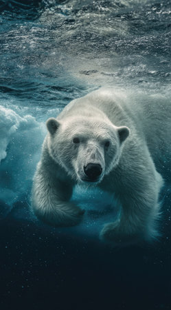 A striking underwater image showcases a polar bear gracefully navigating through cold, blue water. Its thick white fur contrasts against the cool hues. The composition highlights the bear's form, captured with soft lighting. Potential applications include nature documentaries, environmental campaigns, and educational materials.の素材